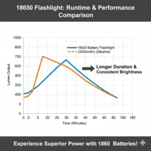 A performance graph comparing the sustained lumen output of various flashlights that use 18650 batteries over their runtime.