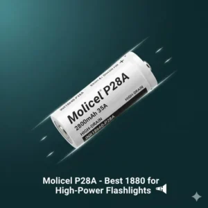 Close-up of Molicel and other premium brands often cited as the best 18650 battery for flashlight users.