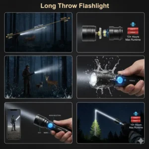 Waterproof long throw flashlight submerged or being used in heavy rain, demonstrating durability.