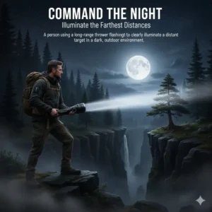 A person using a long-range best thrower flashlight to clearly illuminate a distant target in a dark, outdoor environment.