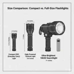 Side-by-side size comparison between a standard torch and the brightest 18650 flashlight.
