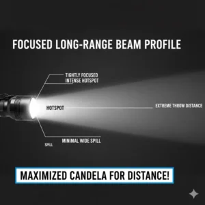 Graphic showing the tightly focused, bright hotspot and minimal spill characteristic of the longest range flashlight beam profile.