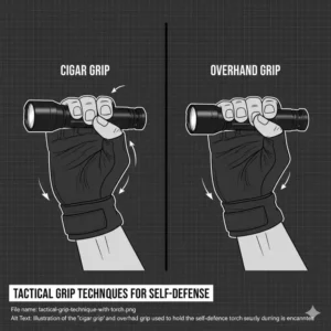 Illustration 5: Illustration of the secure tactical grip and handling methods for using a self defence torch effectively.