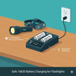 Multiple units of the best 18650 battery for flashlight being charged safely in a high-quality smart charger.
