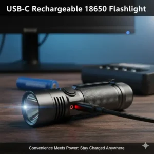 A close-up view of a modern flashlight model that accepts 18650 batteries and features convenient direct USB-C charging.