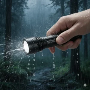 A durable and waterproof 18650 battery flashlight being used or submerged in water during heavy rain.