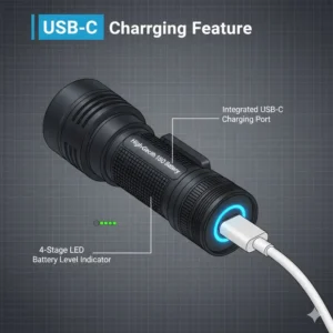 Close-up of the built-in USB-C charging port on the best 18650 flashlight