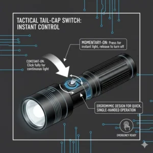 Detailed view of the tactical tail switch for quick activation on the best self defence flashlight.