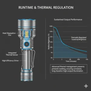 Diagram illustrating the heat dissipation fins and sustained performance curve for the best thrower flashlight.