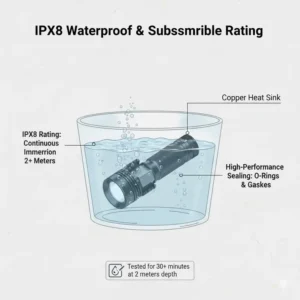 An IPX8 waterproof rating demonstration featuring the brightest 18650 flashlight submerged in water.