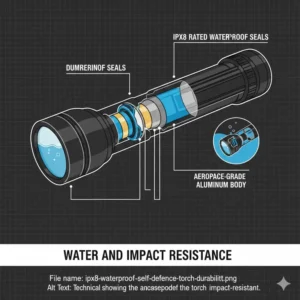 Illustration 6: Technical illustration of the waterproof seals and impact-resistant body of a self defence torch.