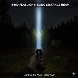 An outdoor photo at night demonstrating the far-reaching beam distance achievable with high-powered flashlights that use 18650 batteries.