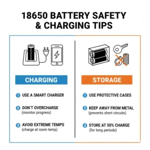 Safety icons and charging tips for the best 18650 battery for torch maintenance.
