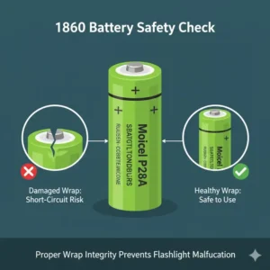 Maintenance guide showing how to inspect the wrap of the best 18650 battery for flashlight to ensure safe operation.