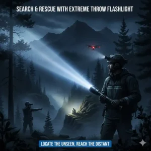 Search and rescue team member using an ultra-powerful longest range flashlight to scan a dark, distant area for a target.