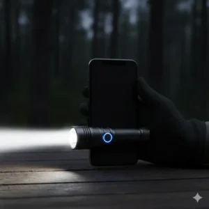 Image comparing a compact long throw flashlight with a common object like a smartphone for scale.