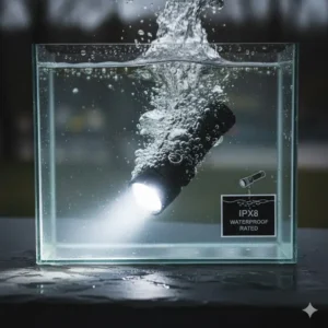 Demonstration of a sealed, best long distance flashlight being submerged to show its IPX8 waterproof rating.