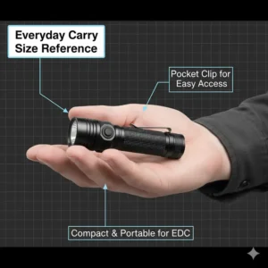A hand-held reference showing the compact EDC size of the best 18650 flashlight.