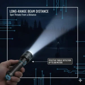 Illustration of the powerful long-range beam throw produced by the best self defence flashlight.