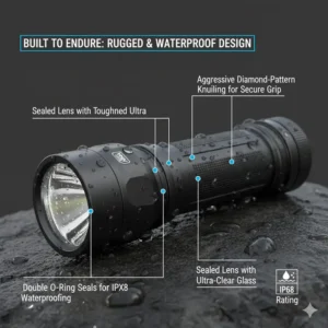 Close-up on the durable construction and O-rings of a waterproof, rugged best thrower flashlight, emphasizing its reliability.