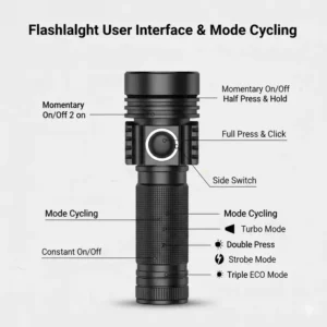 Infographic showing the different brightness modes and UI of the brightest 18650 flashlight.