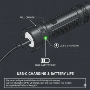 Illustration 7: View of the USB-C charging port and battery life indicator on a modern self defence torch.