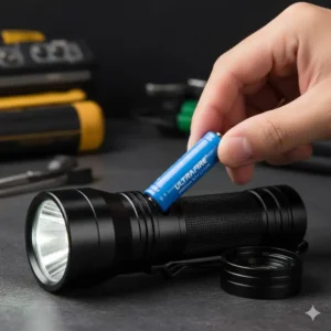 Step-by-step illustration of installing the best 18650 battery for torch into a tactical light.