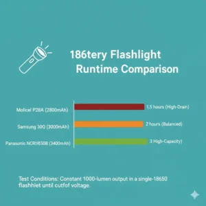 A runtime performance comparison graph identifying the best 18650 battery for flashlight longevity in high-lumen modes.
