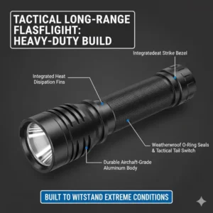 Image detailing the aircraft-grade aluminum body, heat fins, and weatherproofing seals on a durable longest range flashlight model.