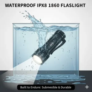 An image showcasing the extreme water resistance (IPX8 rating) of durable flashlights that use 18650 batteries submerged in water.