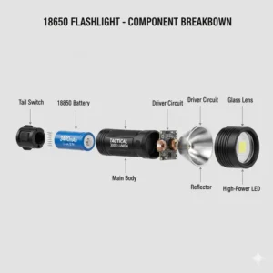 Exploded view showing the internal components of the 18650 battery flashlight, including the LED and circuit board.