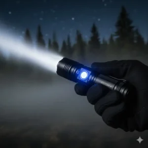 Showing the tail-switch or side-switch of the long throw flashlight, emphasizing simple user interface and multiple brightness modes.