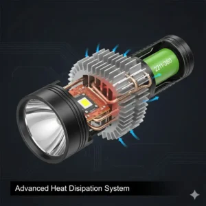 Internal diagram illustrating the advanced heat dissipation system necessary for a powerful, high-lumen thrower flashlight.