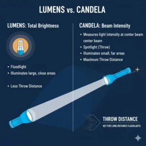 Technical diagram explaining the difference between lumens and candela, key metrics for the best long distance flashlight performance.