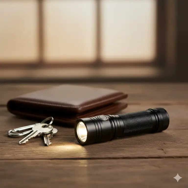 A premium rechargeable edc flashlight placed on a wooden table next to a wallet and keys.