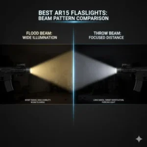 Side-by-side comparison of flood and throw beam patterns for the best ar15 flashlight selection.