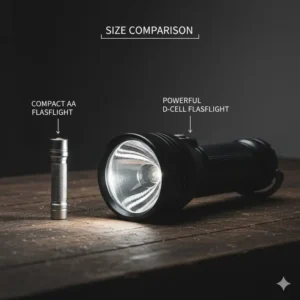 A size comparison between a standard AA torch and the best d battery led flashlight.