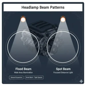 Diagram showing flood and spot beam options on the best headlamp for mechanics for versatile workshop use.