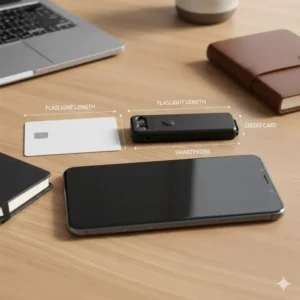 A flat edc flashlight next to a credit card for size comparison.