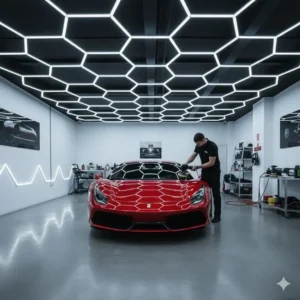 Modern hexagon-shaped LED automotive shop lights illuminating a high-end car detailing bay.