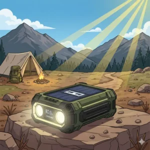 An illustration of a solar-powered survival light charging under direct sunlight during a camping trip.