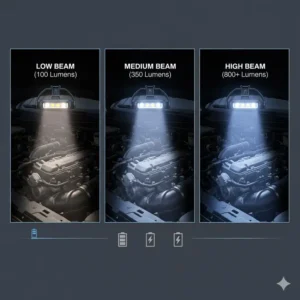 Comparison of different lumen brightness settings on a high-quality mechanics headlamp.