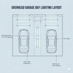 A technical diagram showing the ideal layout for overhead mechanic shop lights.