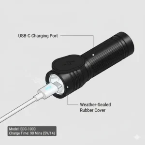 Close-up of the USB-C charging port on a modern rechargeable edc flashlight.