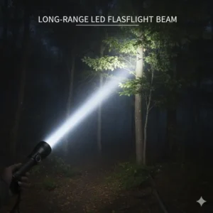An illustration showing the powerful long-range beam of the best d battery led flashlight in the dark.