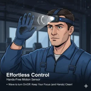 A mechanic demonstrating the motion sensor feature of the best headlamp for mechanics for hands-free operation.
