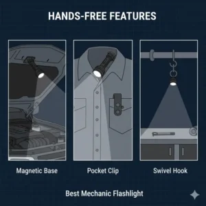Illustration showing magnetic base and swivel hook features on the best mechanic flashlight.