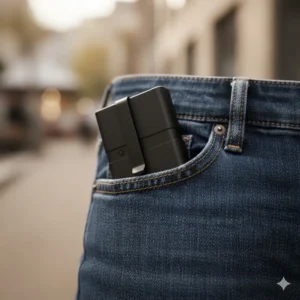 Illustration showing a flat edc flashlight clipped inside a pocket to show low profile