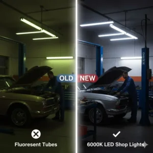 Side-by-side comparison of old fluorescent tubes and new energy-efficient LED automotive shop lights.