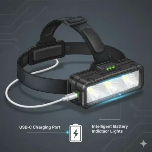 Close-up of a rechargeable mechanics headlamp showing the USB-C charging port and battery indicator.
